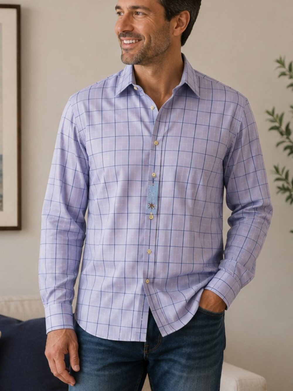 Egara Plaid Shirt Mens 5XLT Long Sleeve Button Up Blue Flip Cuff Non Iron